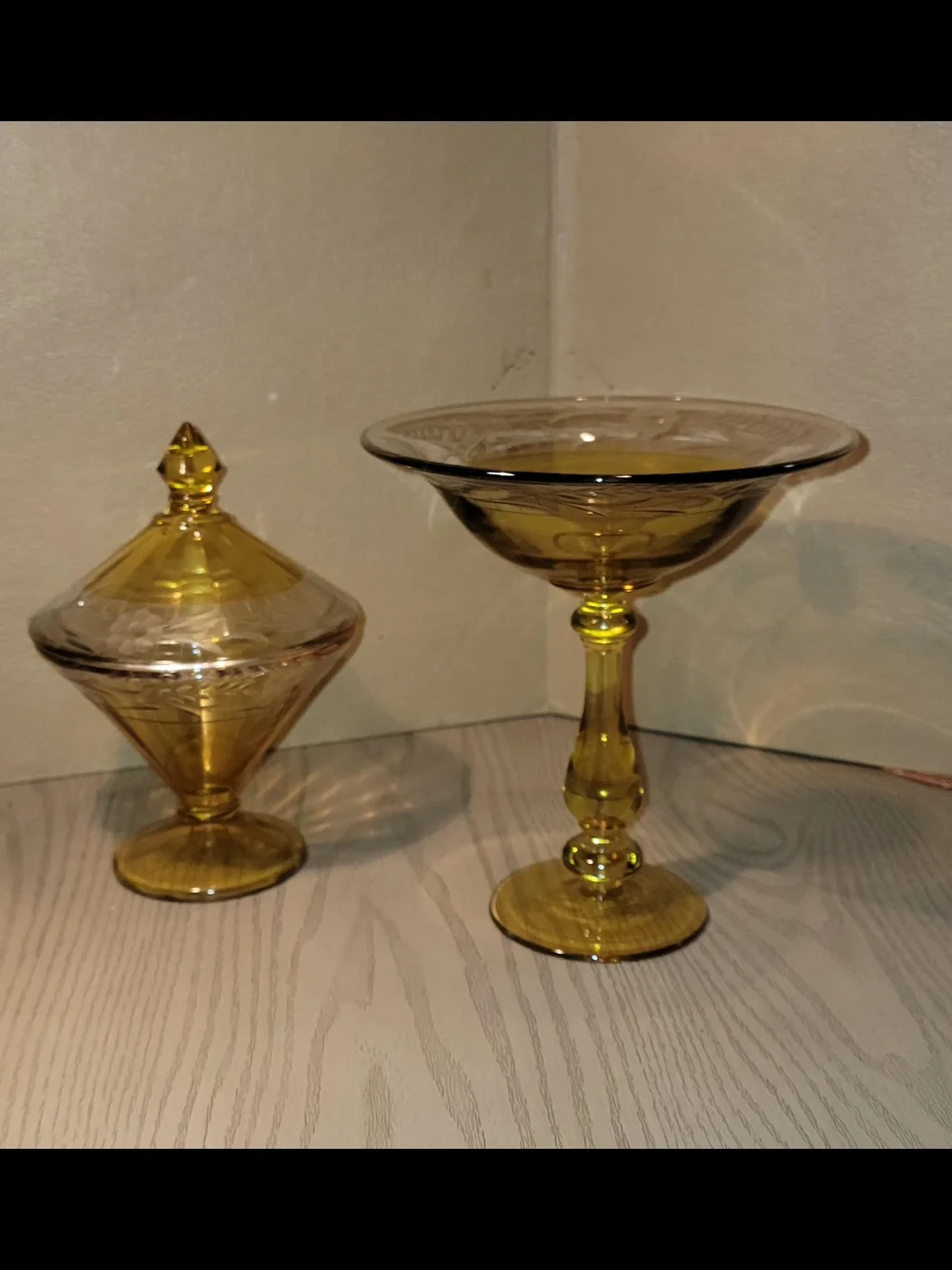 Amber Glass Compote and Lidded And Pedestal Candy Dishes  Set 6x7.5 And 7x8